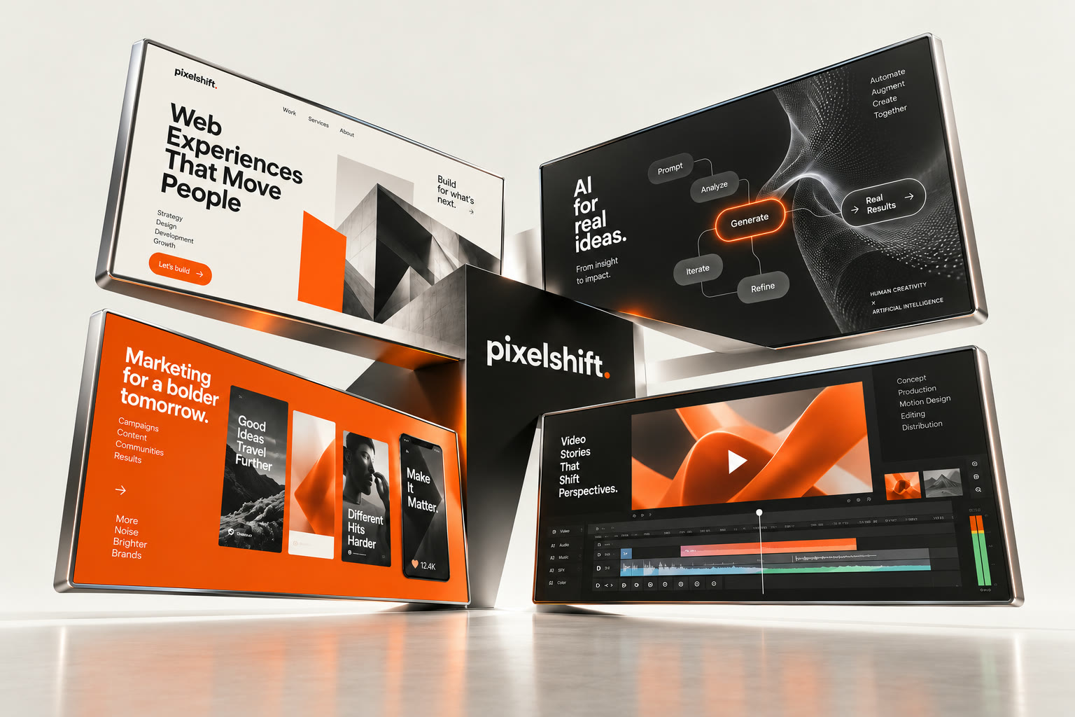 Vier digitale schermwerelden voor webdesign, AI, video en marketing komen samen rond Pixelshift